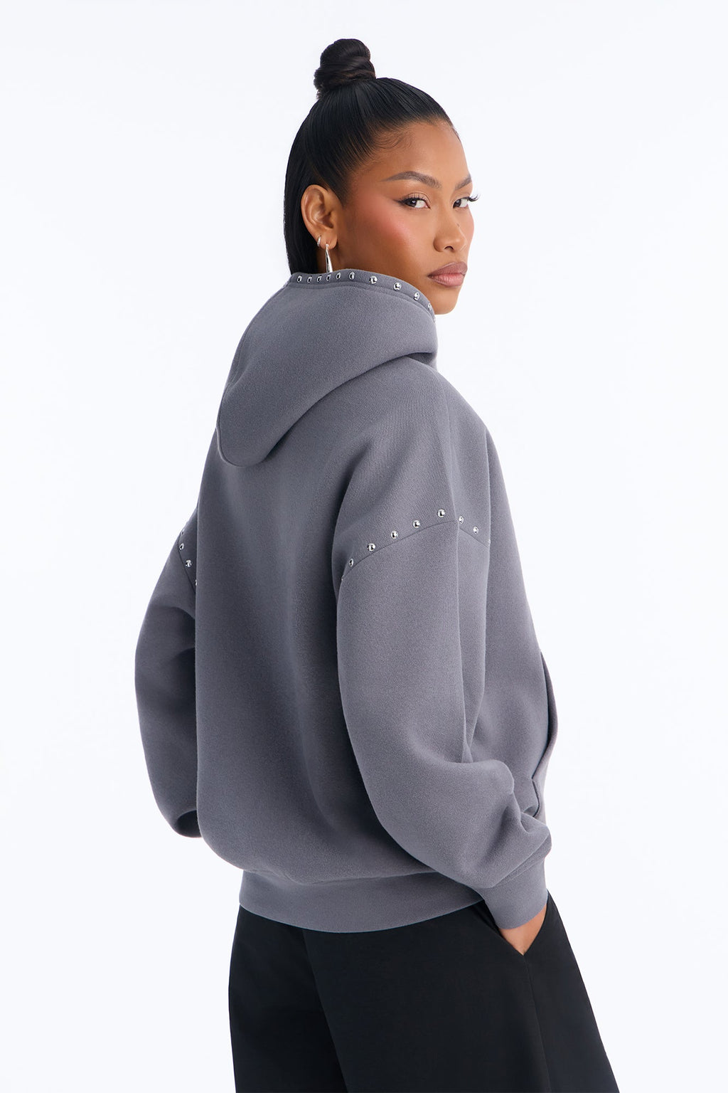 Saint Studded Washed Oversized Hoodie - Grey