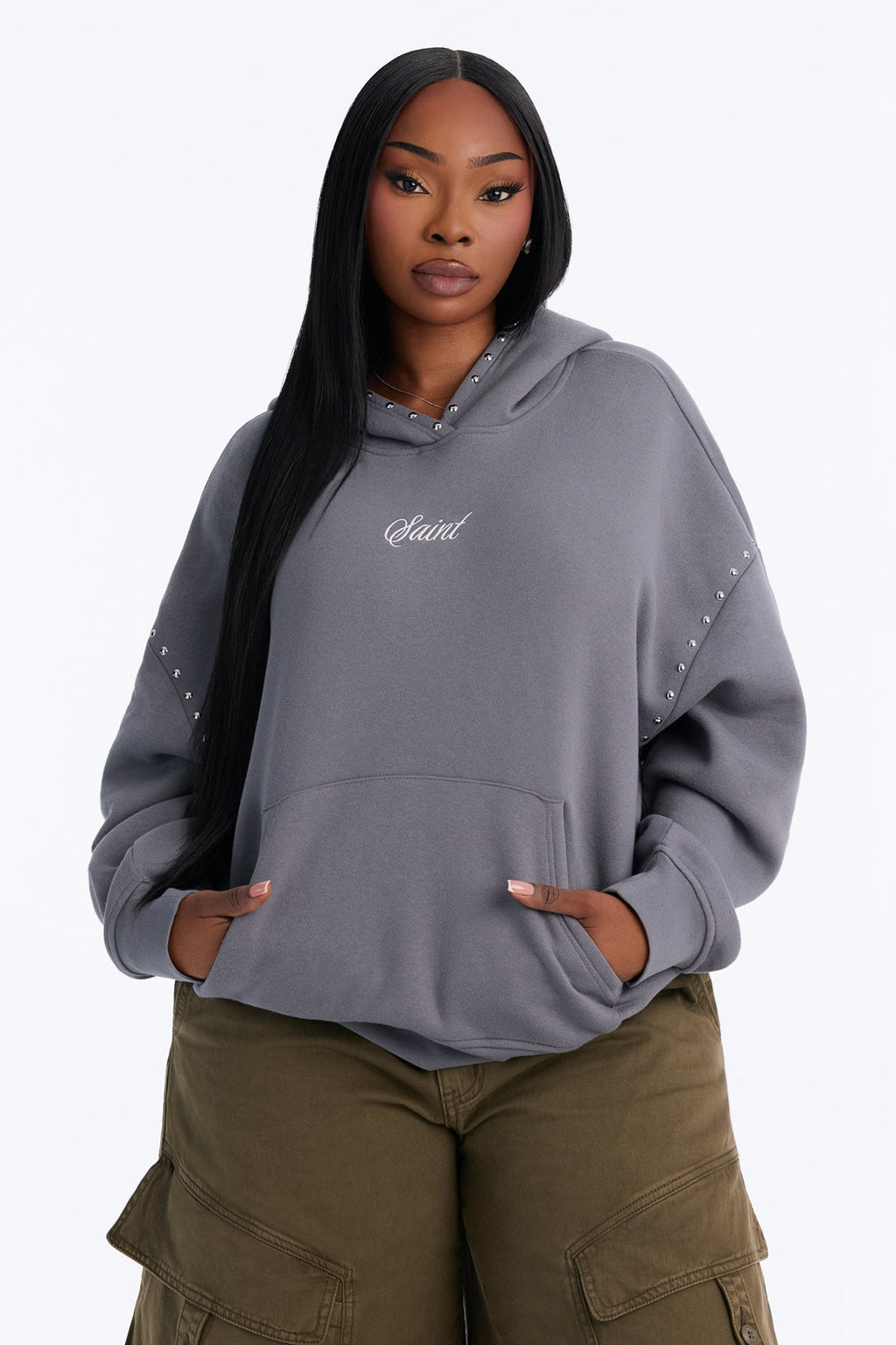 Saint Studded Washed Oversized Hoodie - Grey