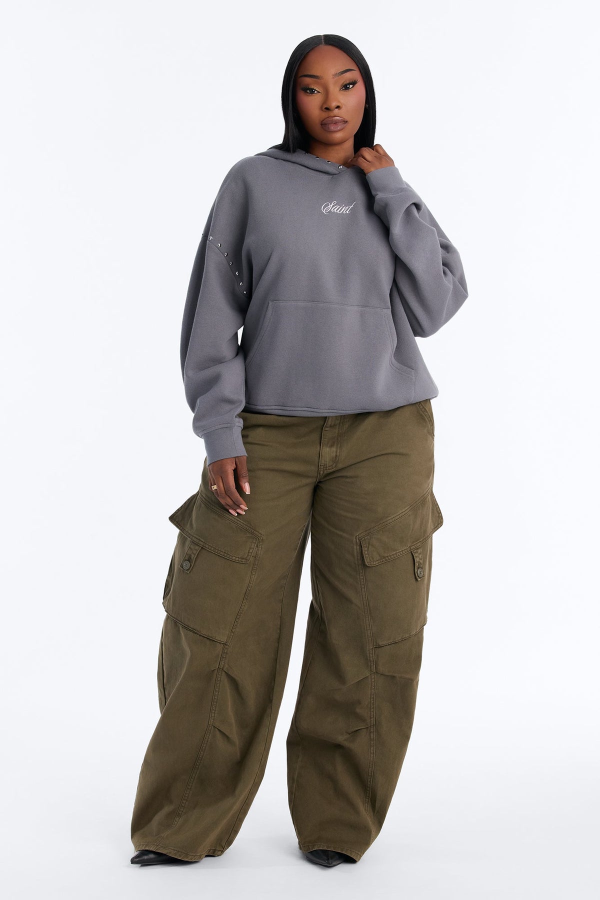 Saint Studded Washed Oversized Hoodie - Grey