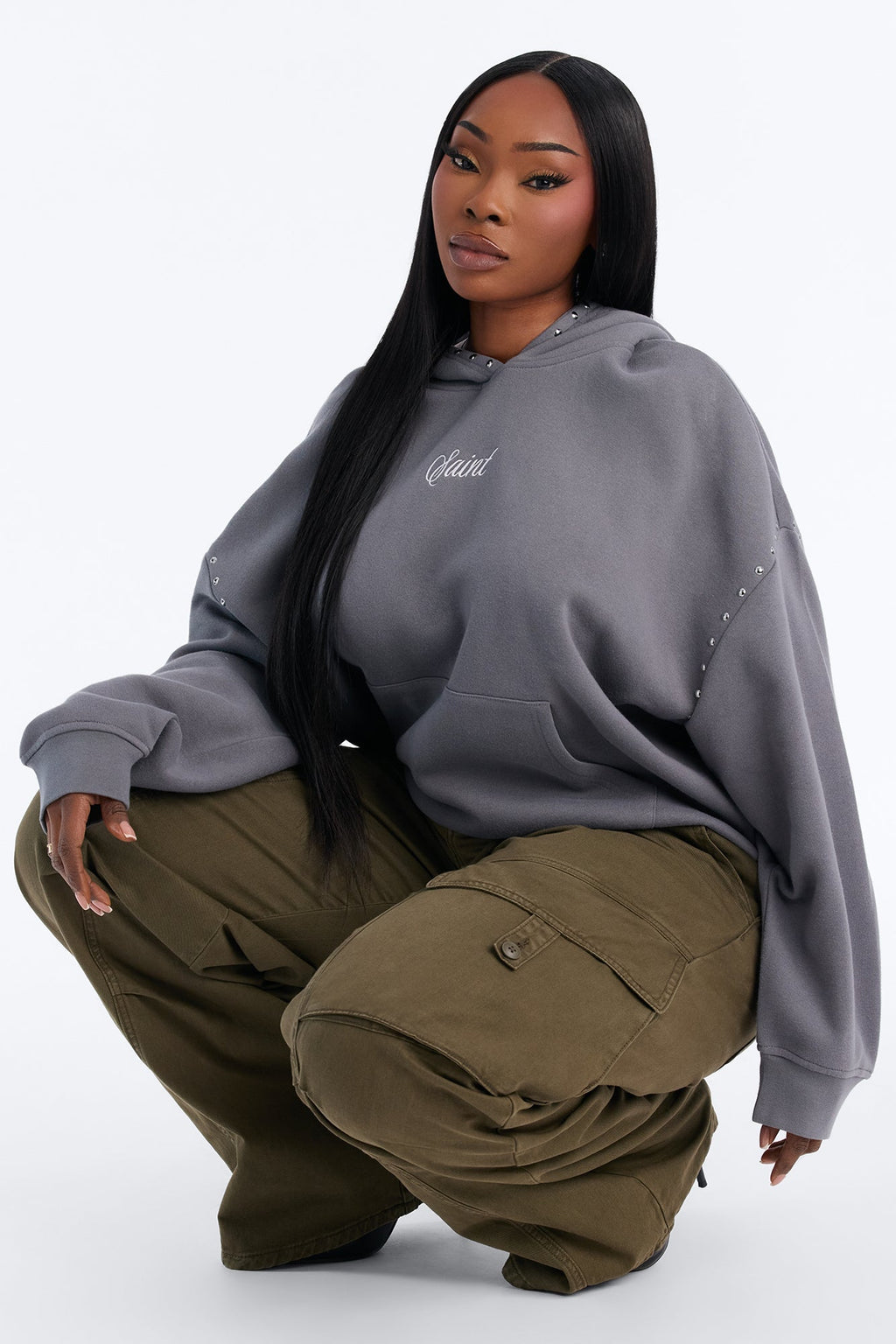 Saint Studded Washed Oversized Hoodie - Grey