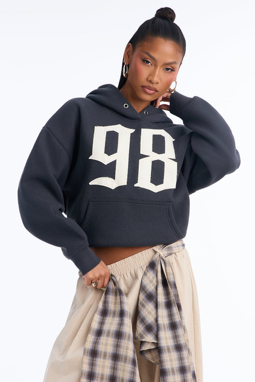 98 Applique Washed Oversized Hoodie - Charcoal