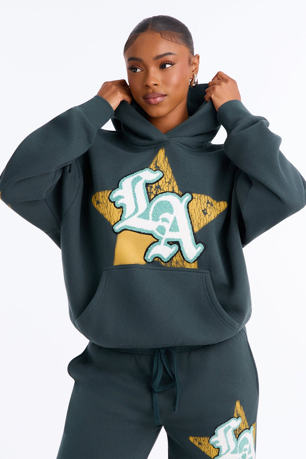 LA Star Washed Oversized Fleece Hoodie - Hunter