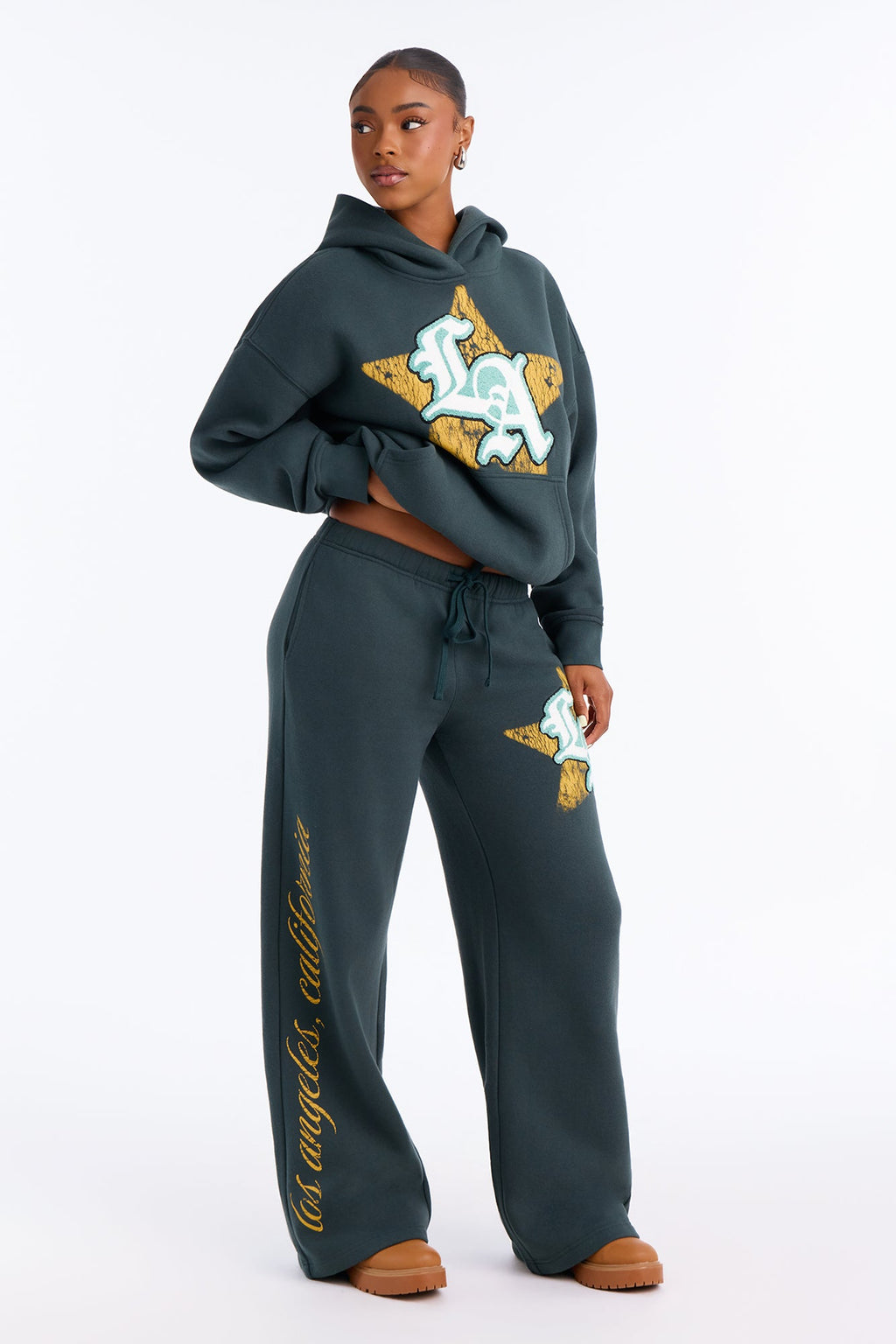 LA Star Washed Oversized Fleece Hoodie - Hunter