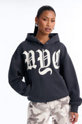 NYC Applique Washed Oversized Fleece Hoodie - Charcoal