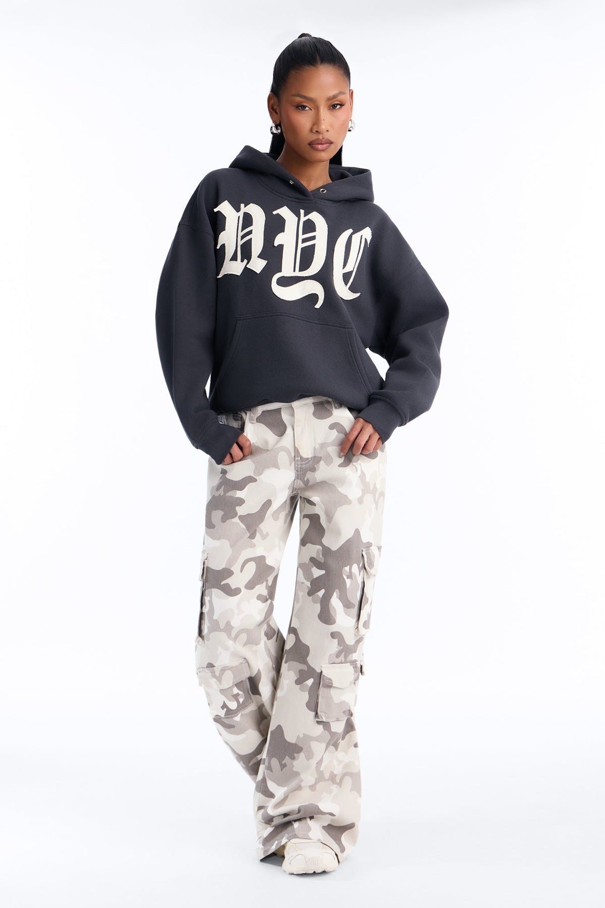 NYC Applique Washed Oversized Fleece Hoodie - Charcoal