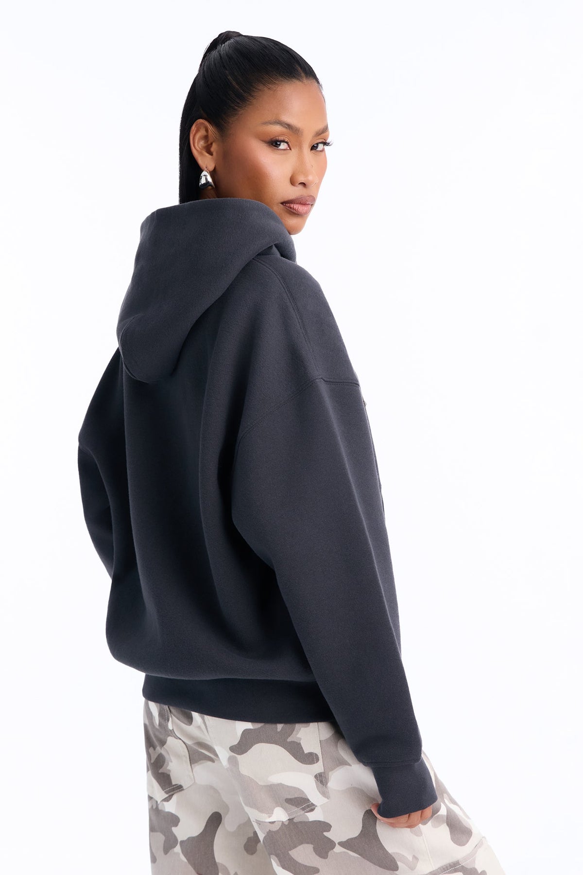 NYC Applique Washed Oversized Fleece Hoodie - Charcoal