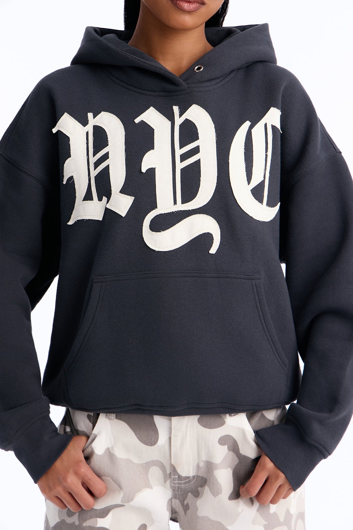 NYC Applique Washed Oversized Fleece Hoodie - Charcoal