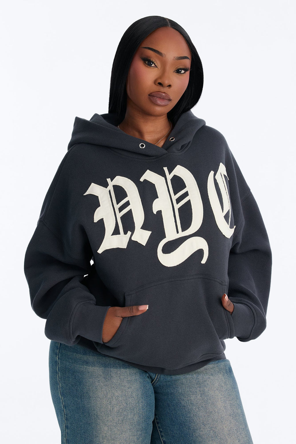 NYC Applique Washed Oversized Fleece Hoodie - Charcoal