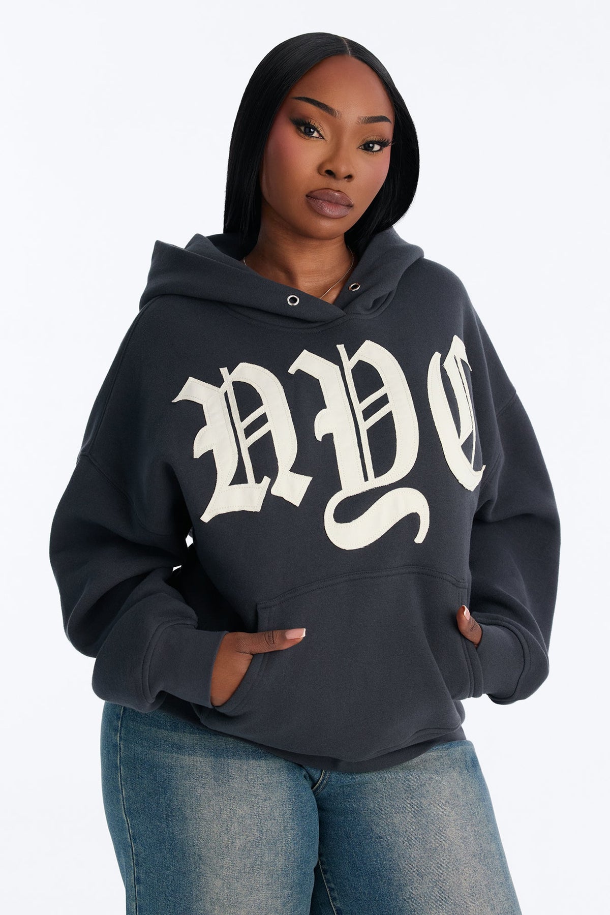 NYC Applique Washed Oversized Fleece Hoodie - Charcoal