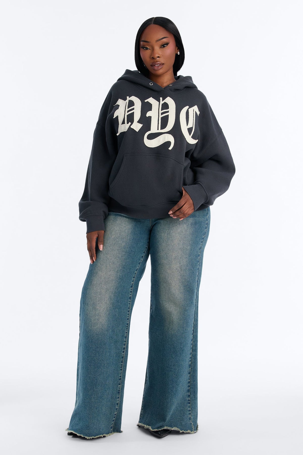NYC Applique Washed Oversized Fleece Hoodie - Charcoal