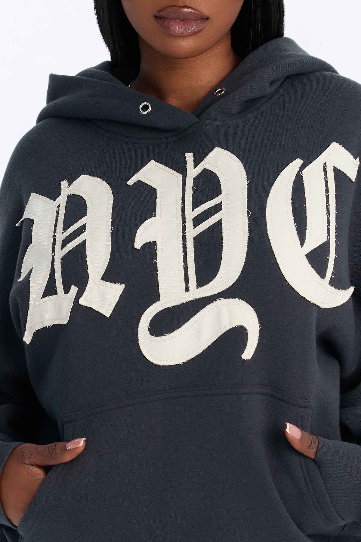NYC Applique Washed Oversized Fleece Hoodie - Charcoal