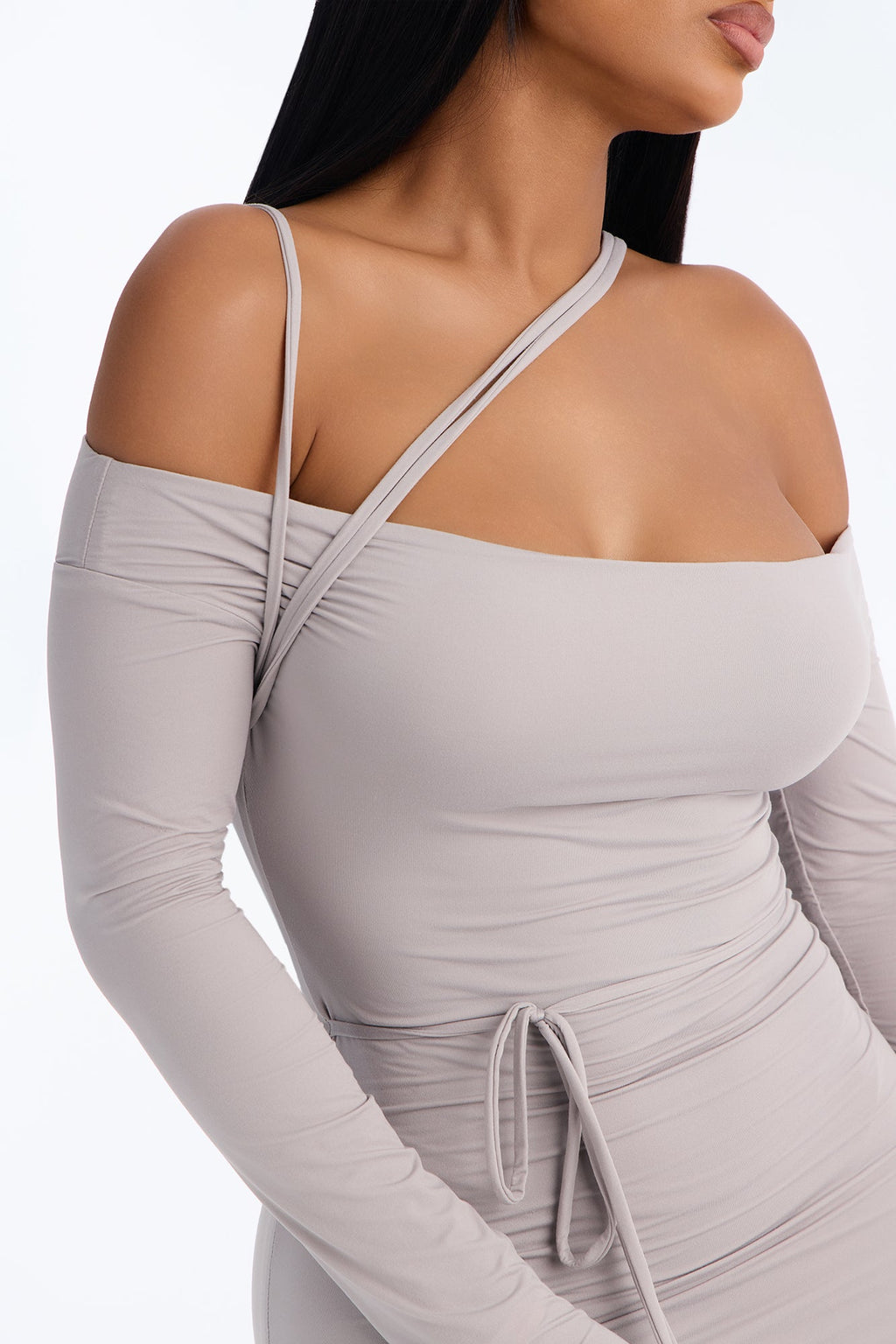 In The Details Strappy Off Shoulder Mini Dress - Stone