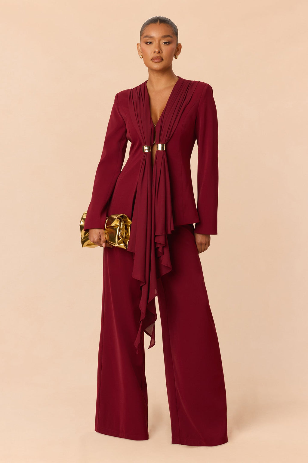 High Expectations Draped Pant Set - Burgundy