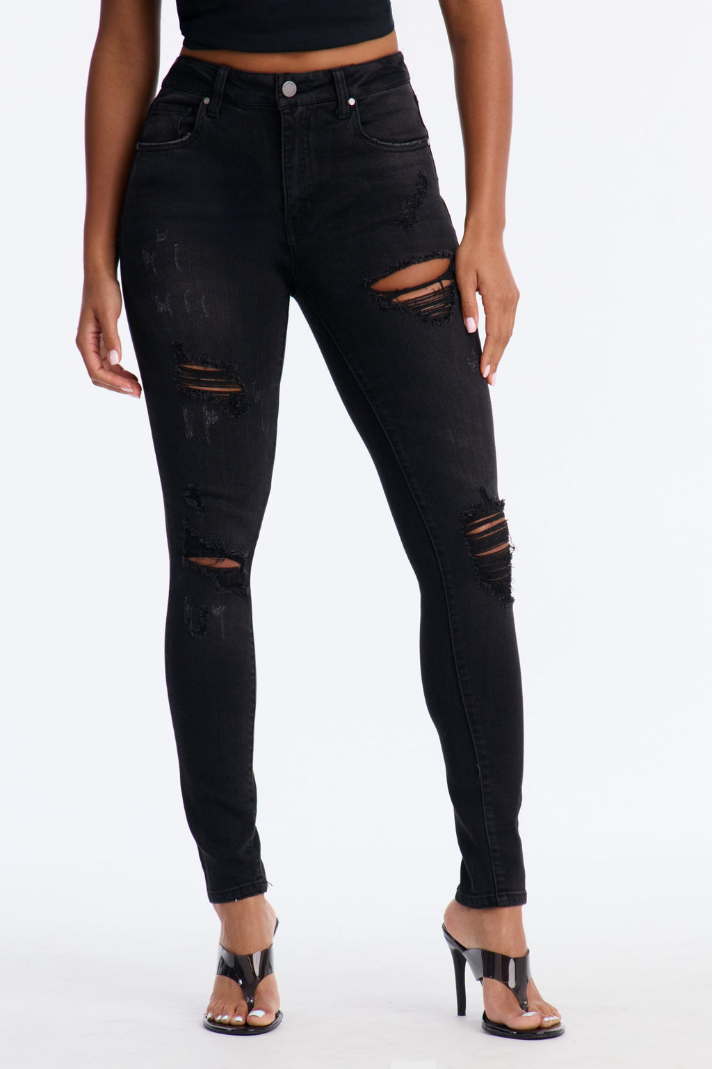 Bring The Best Mid Waist Ripped Skinny Jeans - Black