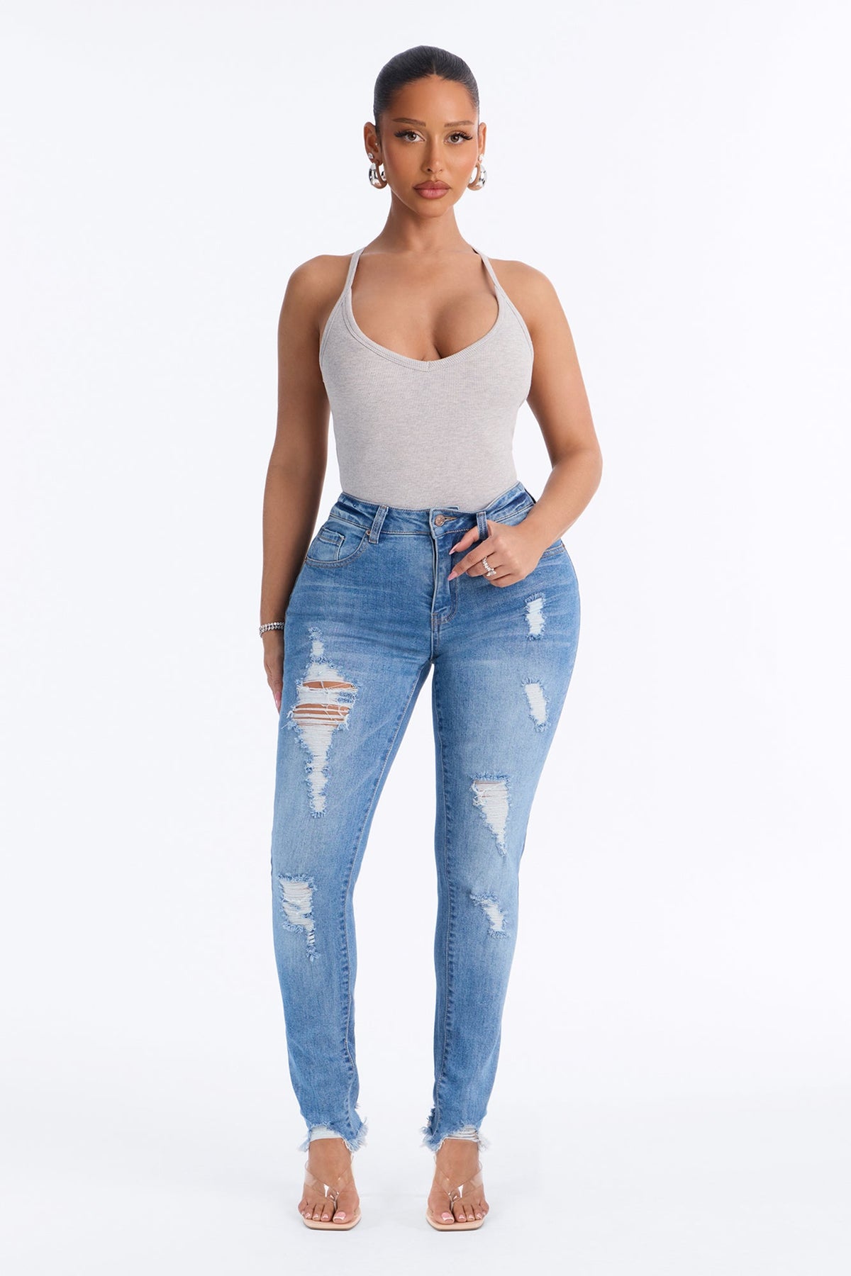 All Caught Up Ripped Raw Hem Skinny Jeans - Medium Wash