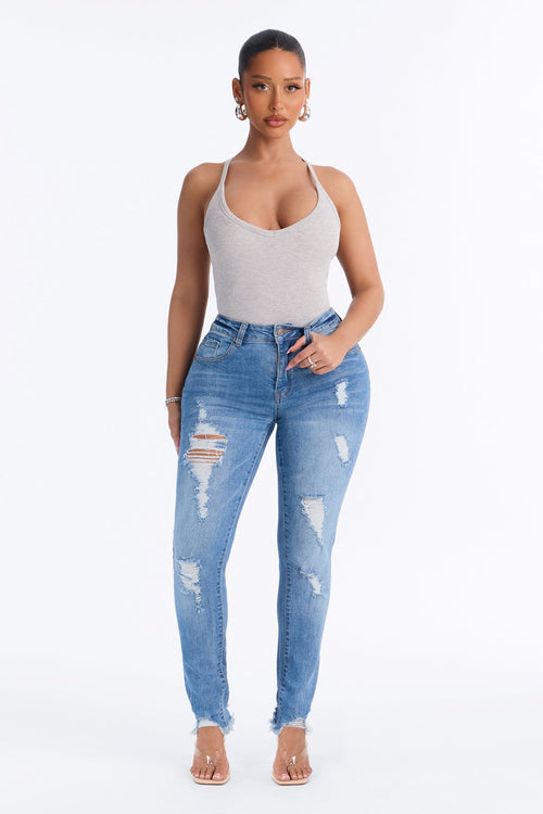 All Caught Up Ripped Raw Hem Skinny Jeans - Medium Wash