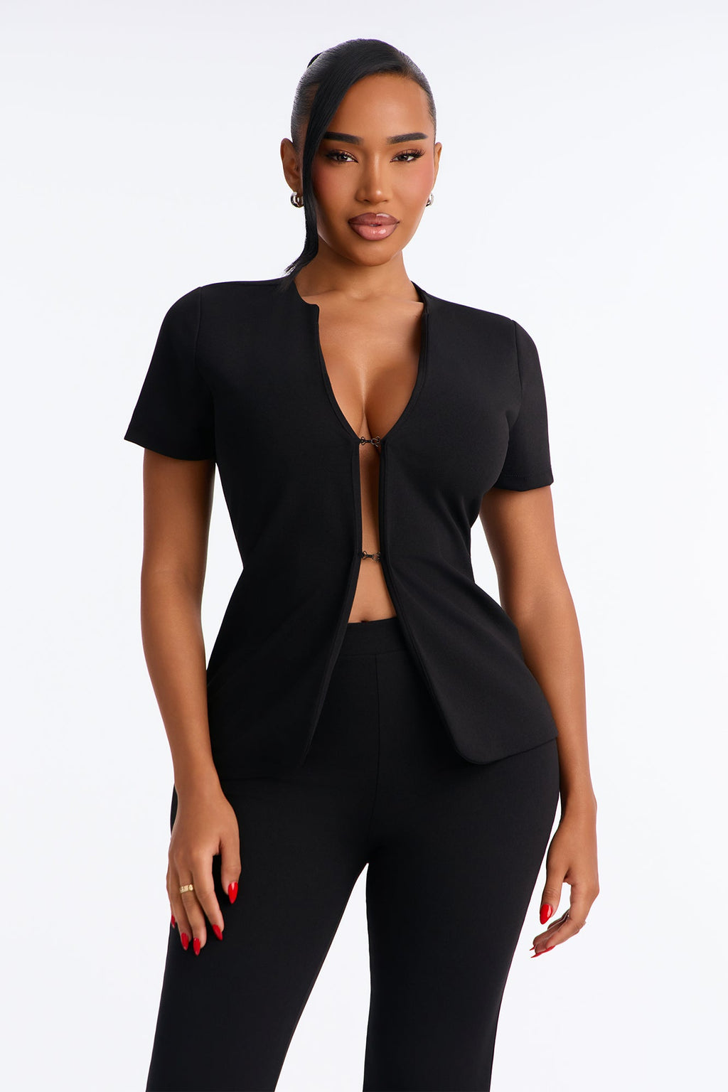 Camille Crepe Knit Flare Pant Set - Black