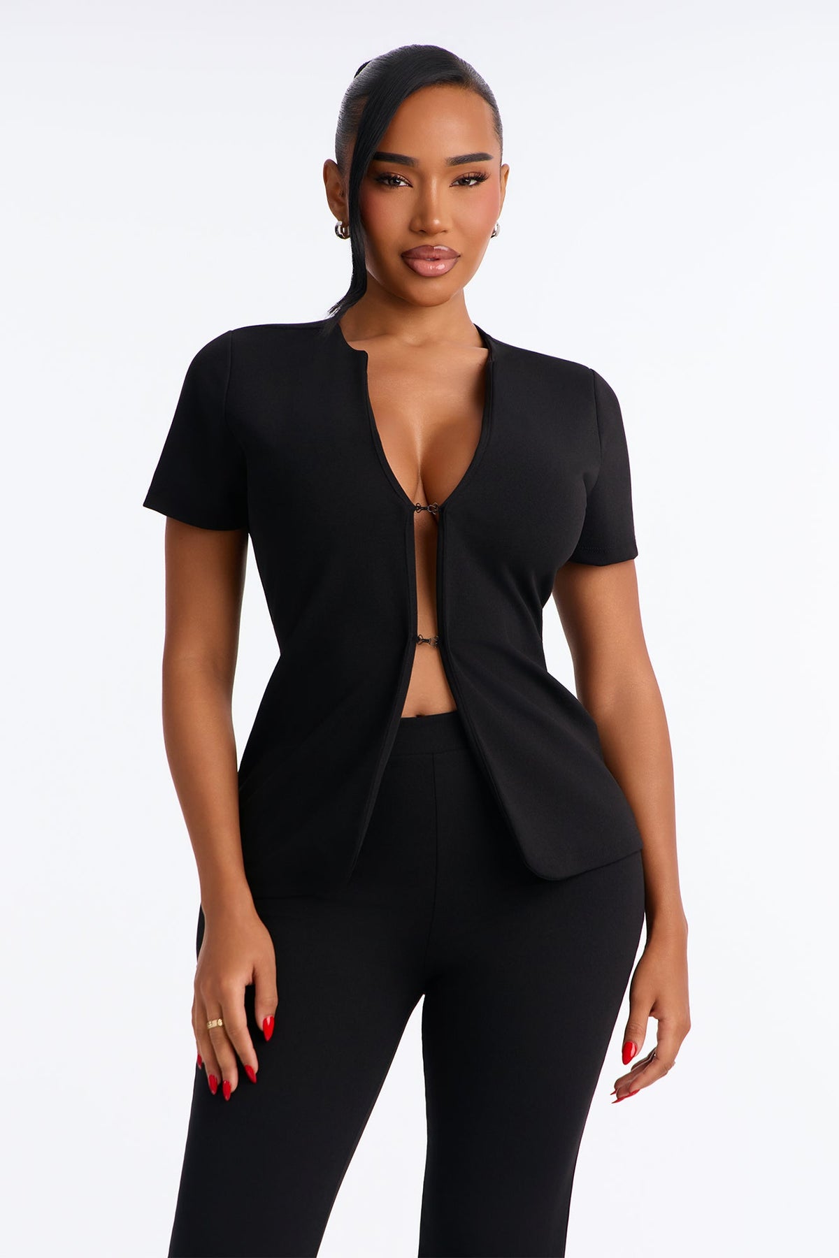 Camille Crepe Knit Flare Pant Set - Black