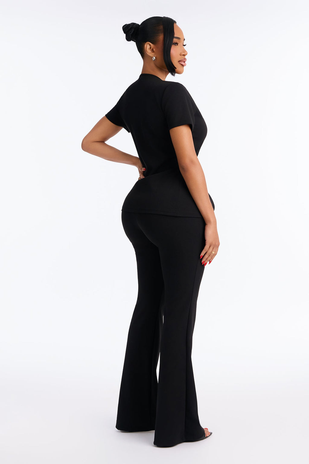 Camille Crepe Knit Flare Pant Set - Black