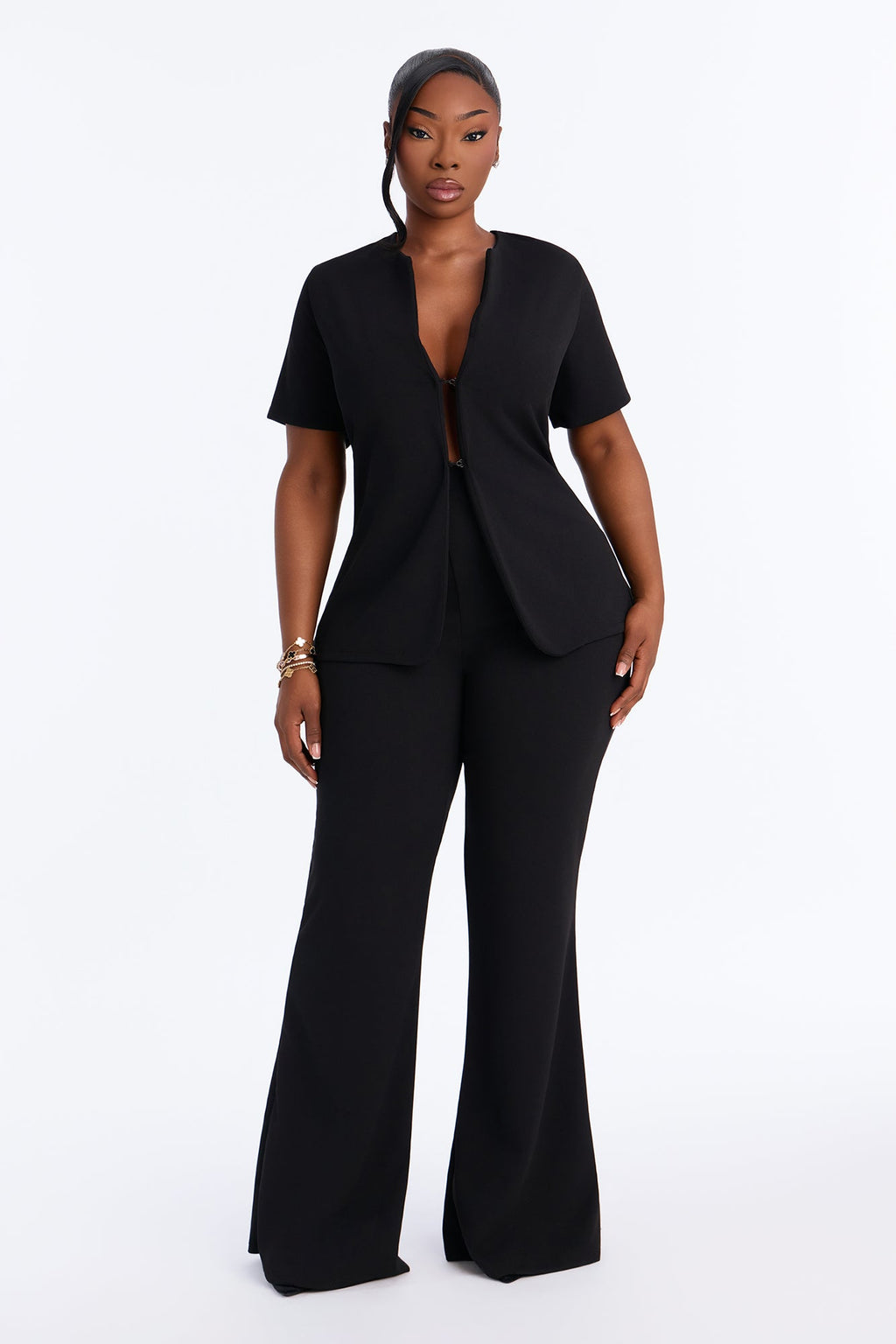 Camille Crepe Knit Flare Pant Set - Black