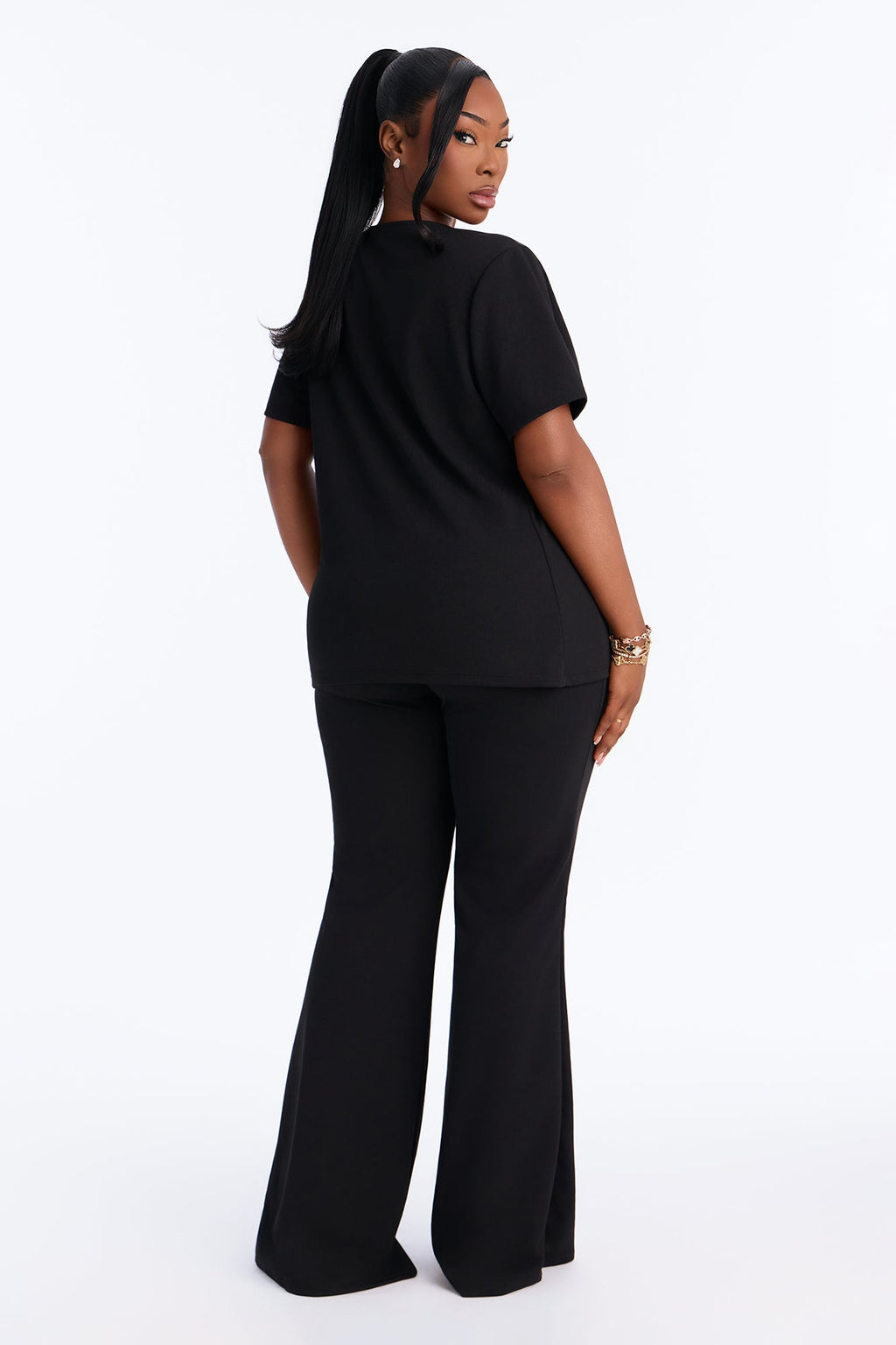 Camille Crepe Knit Flare Pant Set - Black