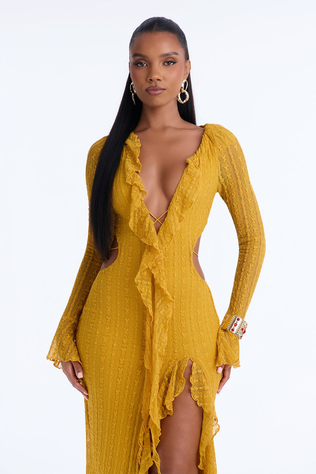 Sashira Ruffle Lace Maxi Dress - Mustard