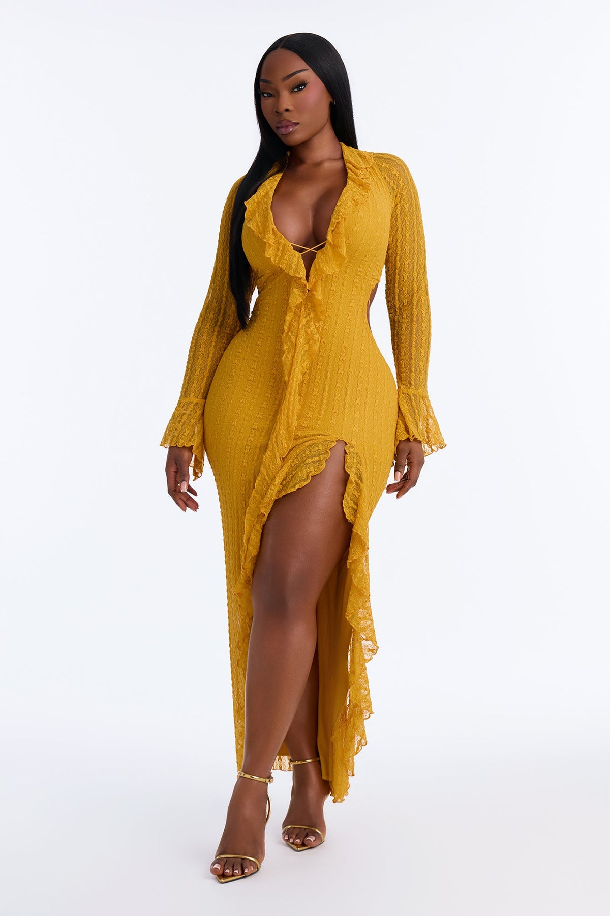 Sashira Ruffle Lace Maxi Dress - Mustard