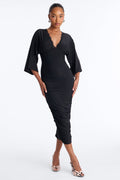 It Could All Be So Simple Deep V Ruched Midi Dress - Black