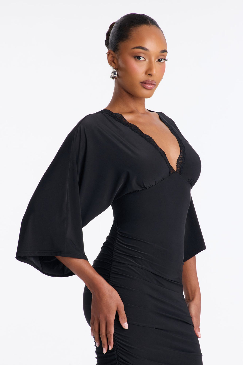 It Could All Be So Simple Deep V Ruched Midi Dress - Black