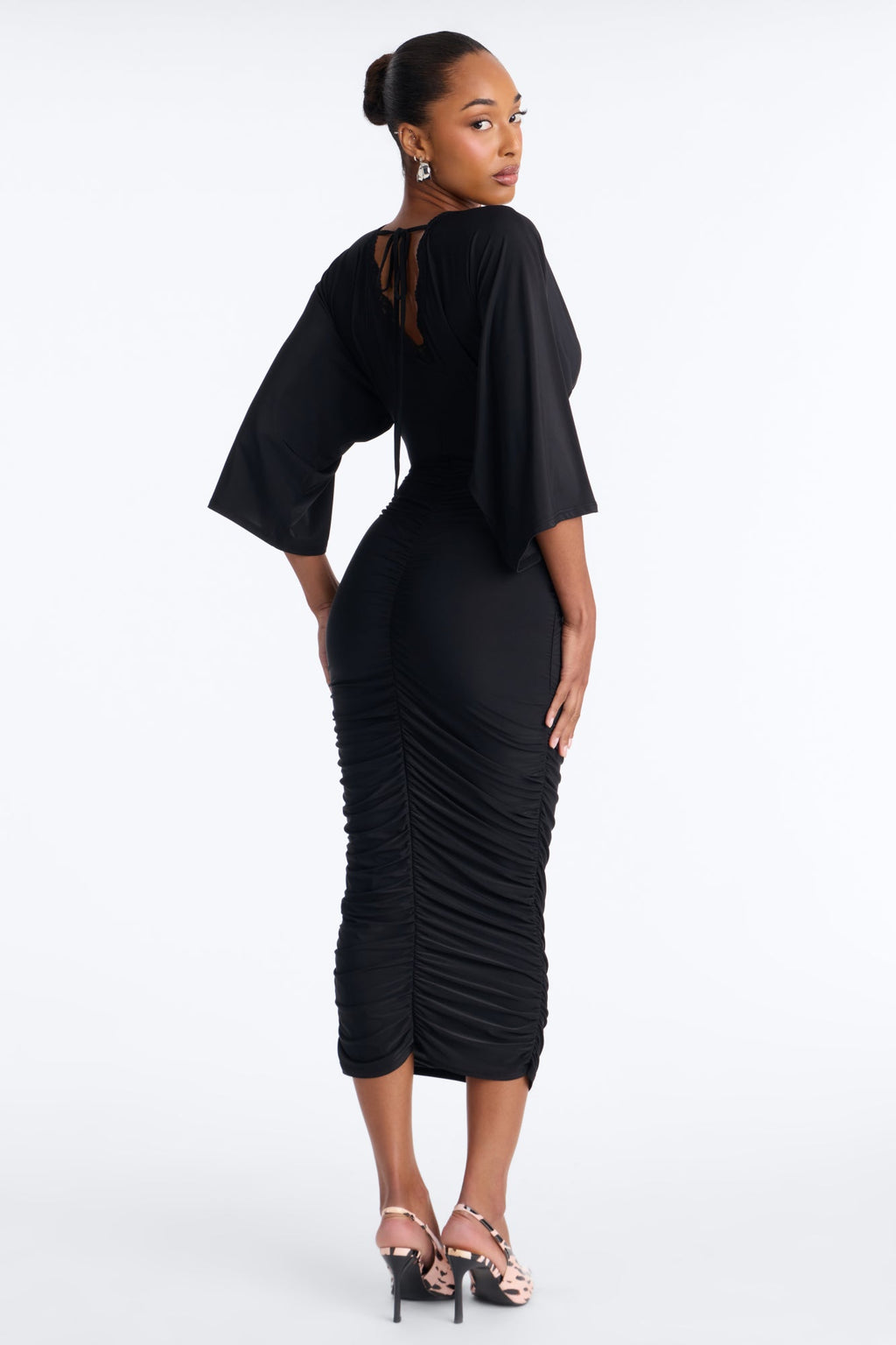 It Could All Be So Simple Deep V Ruched Midi Dress - Black