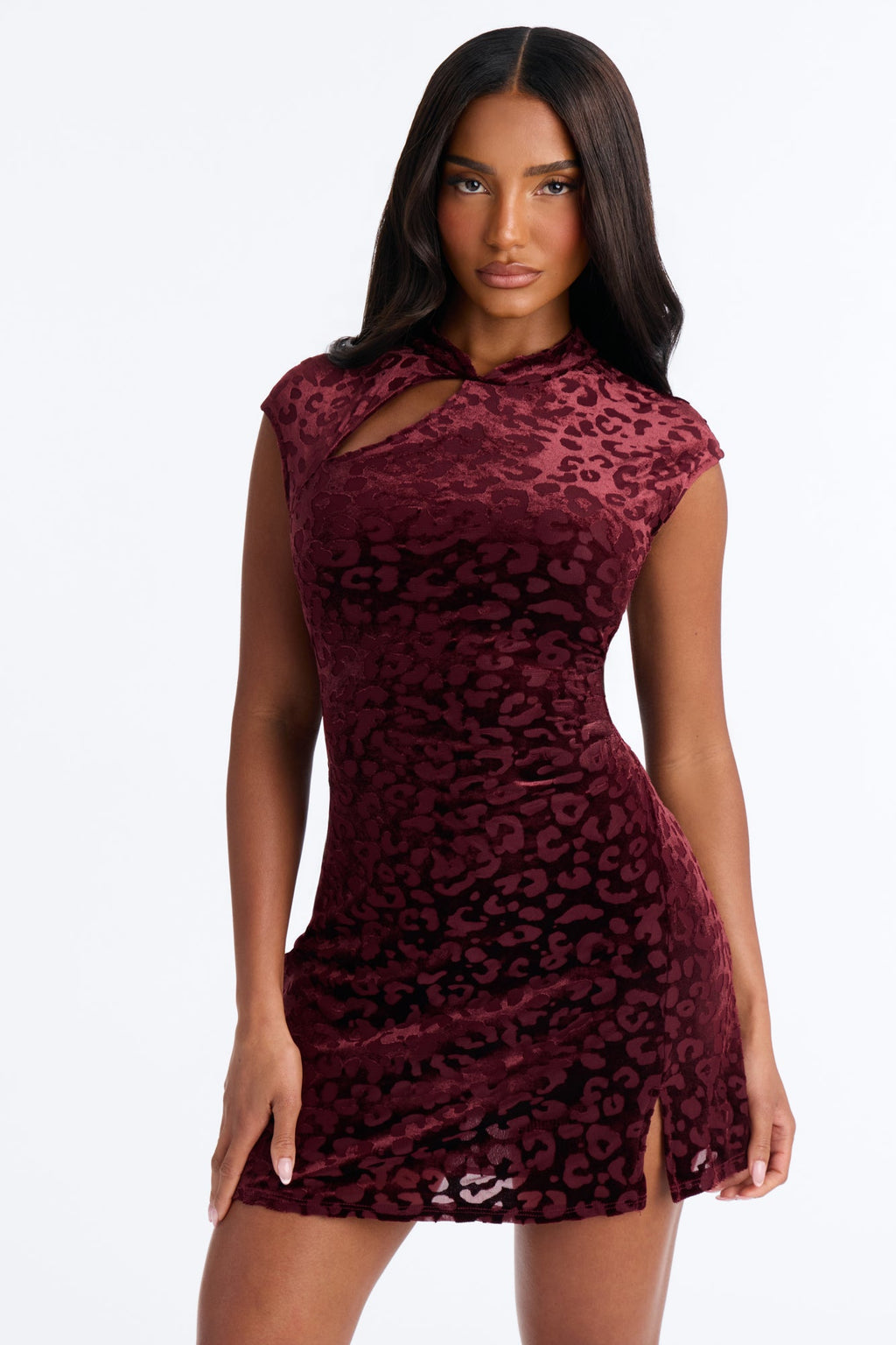 Lana Leopard Velvet Mini Dress - Wine