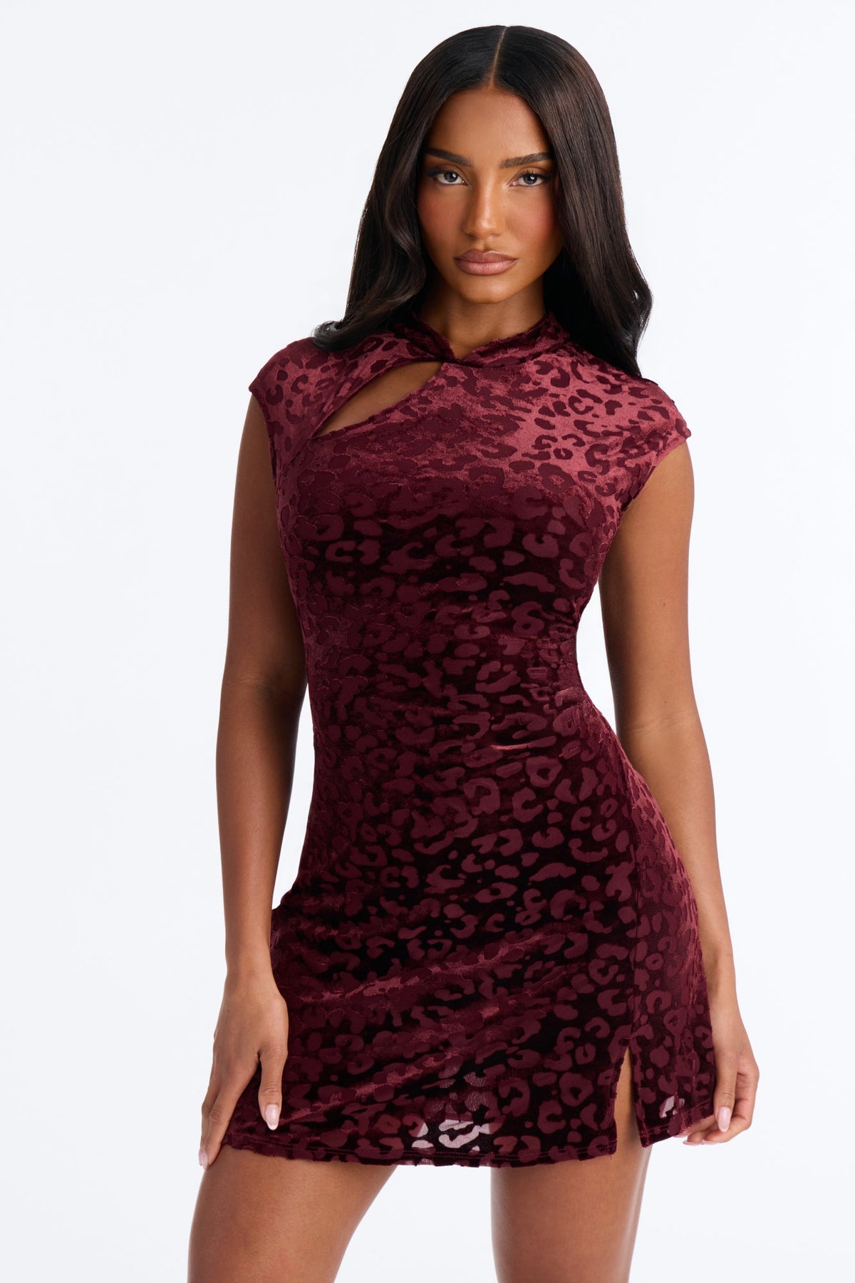 Lana Leopard Velvet Mini Dress - Wine