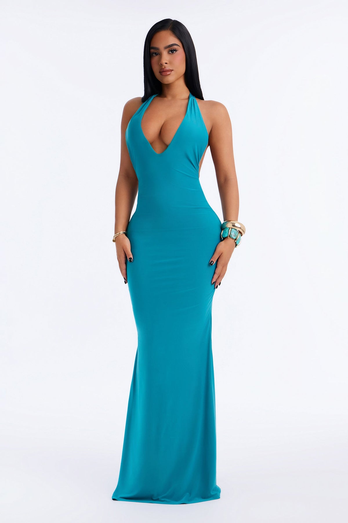 Daria Draped Backless Maxi Dress - Turquoise