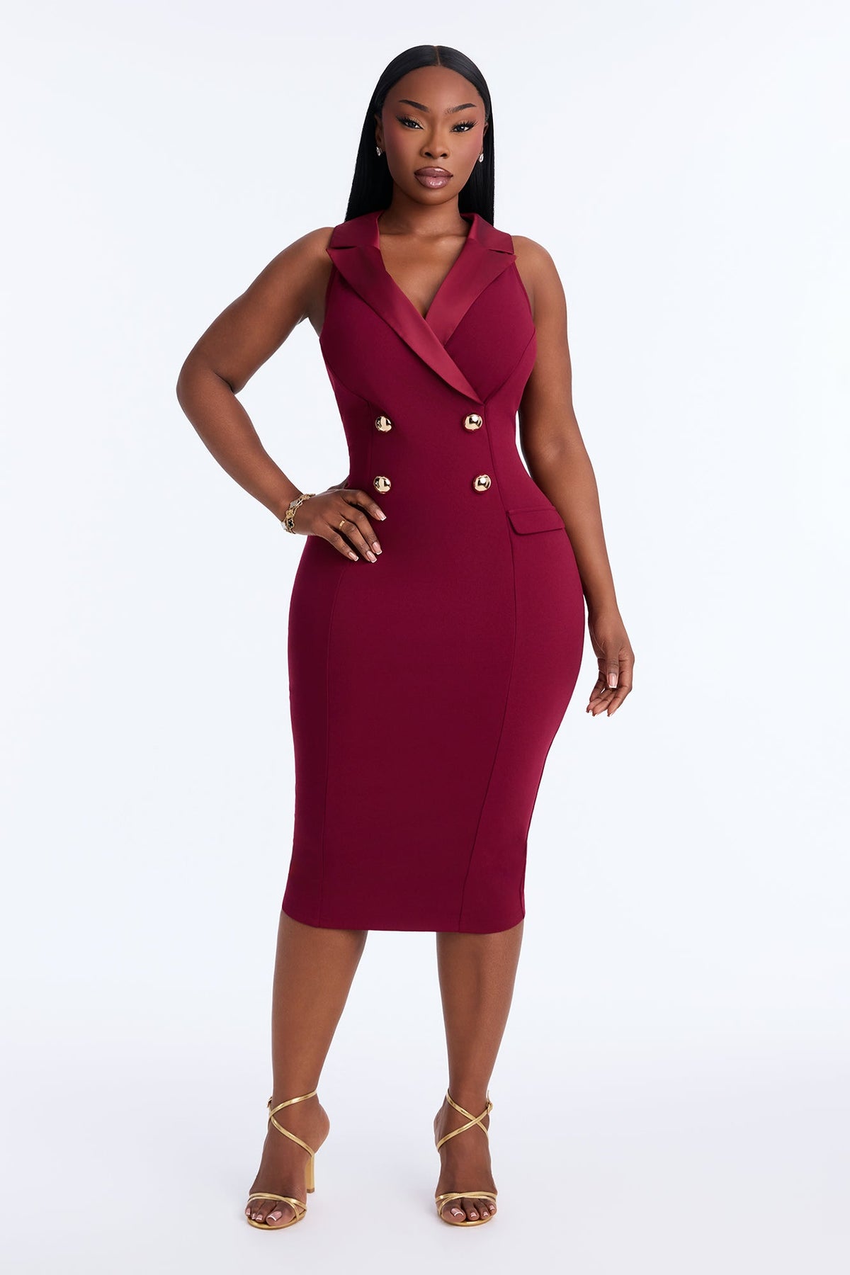 Mackenzie Double Breasted Crepe Knit Midi Dress - Wine