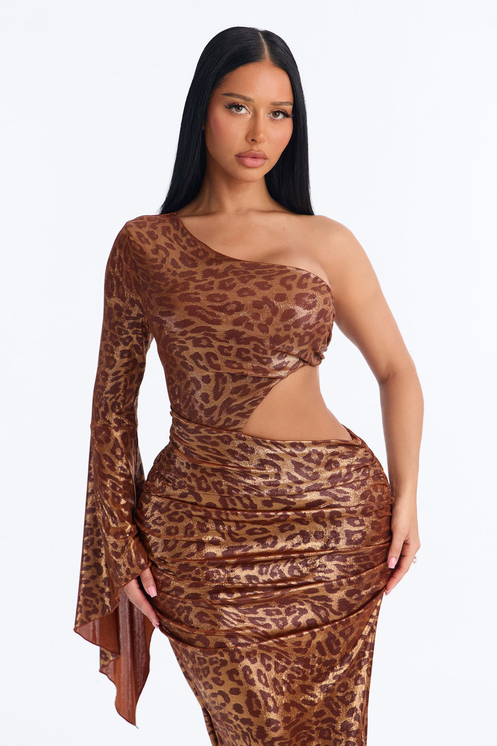 Diva Leopard One Shoulder Midi Dress - Copper