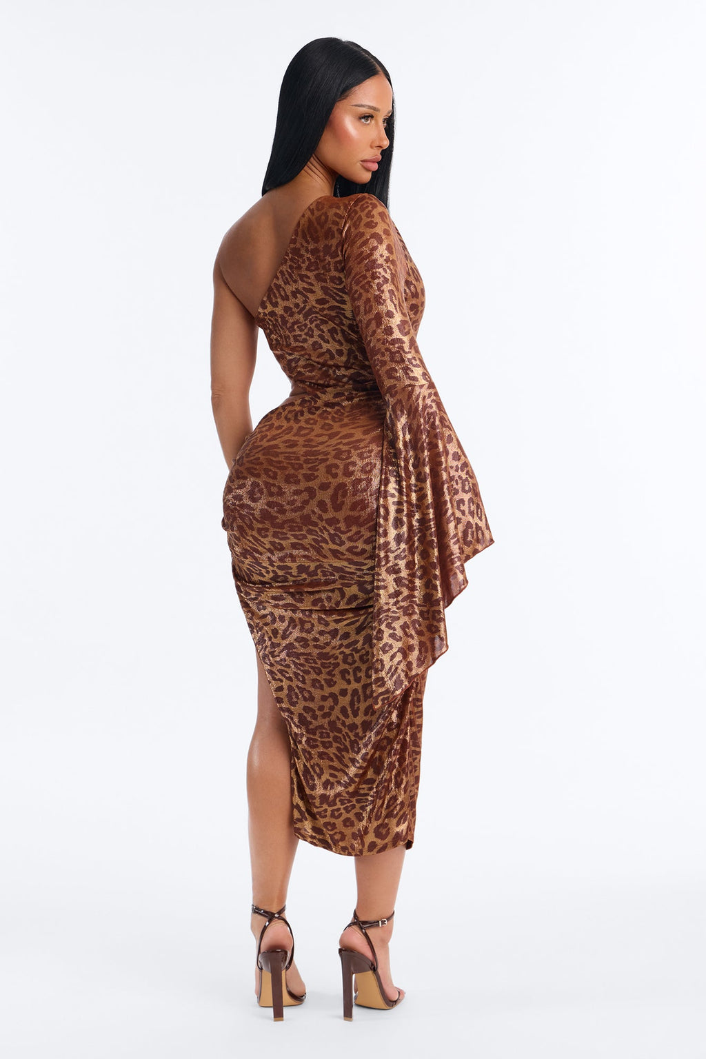 Diva Leopard One Shoulder Midi Dress - Copper