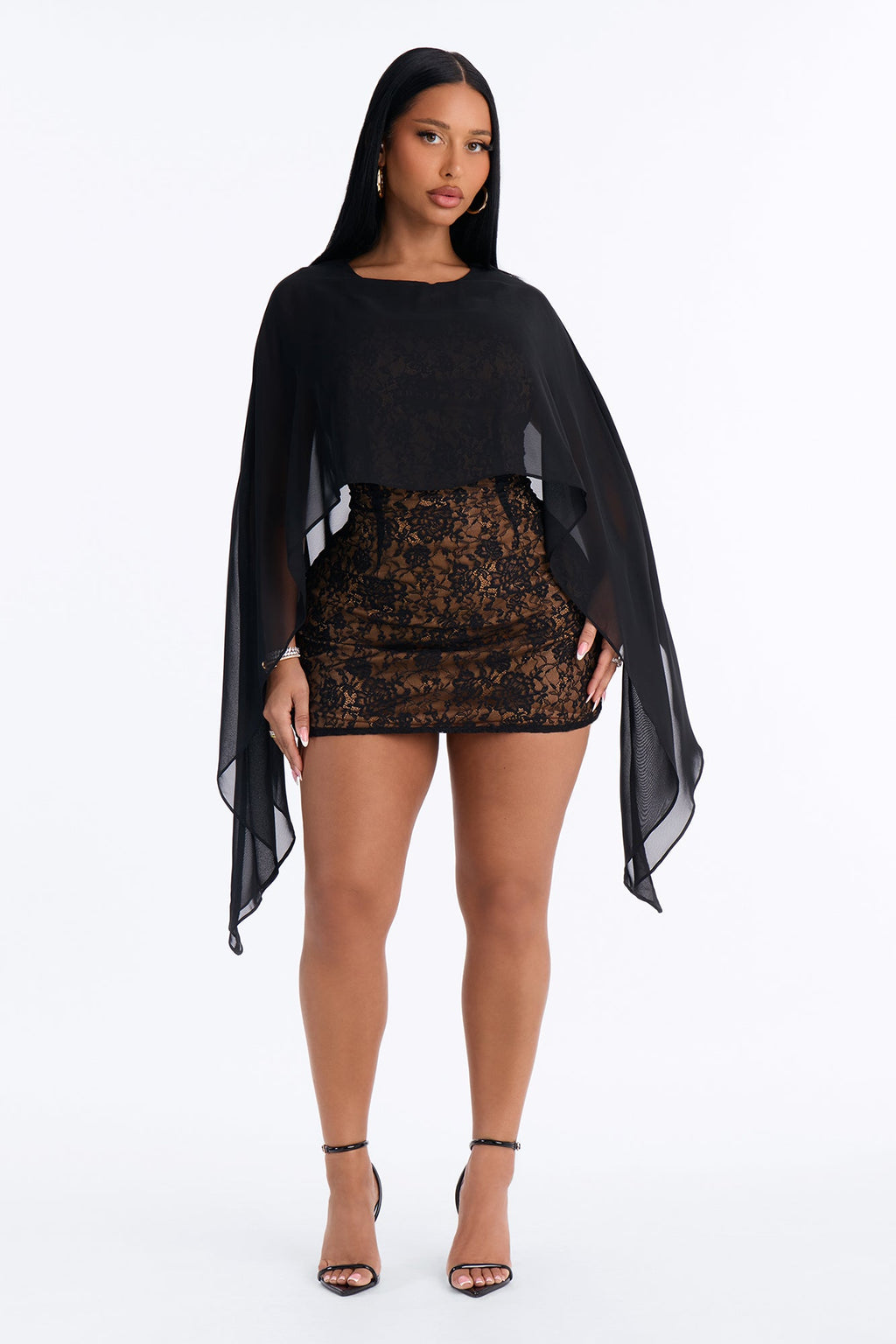 Chloe Cape Lace Mini Dress - Black