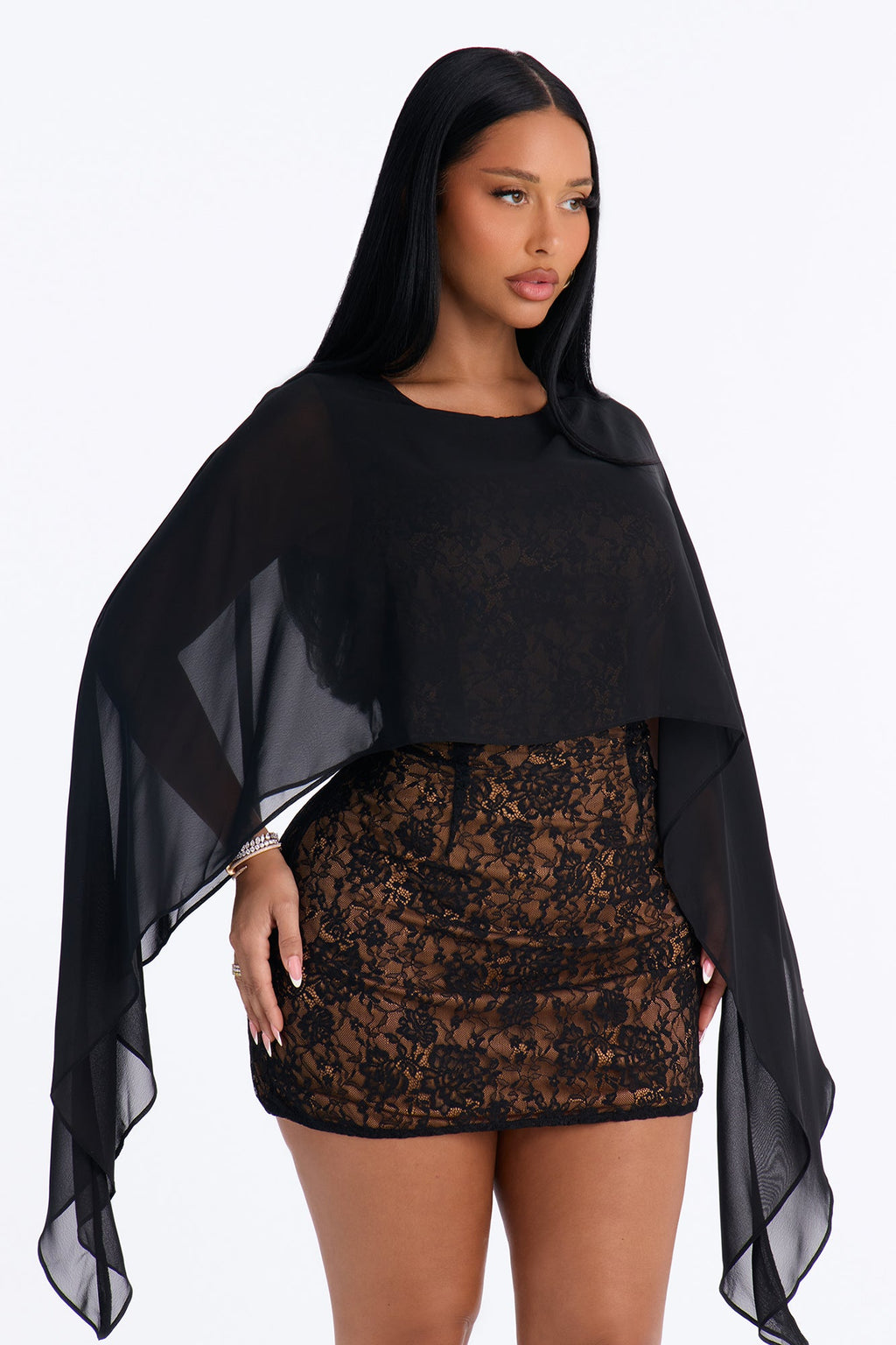 Chloe Cape Lace Mini Dress - Black