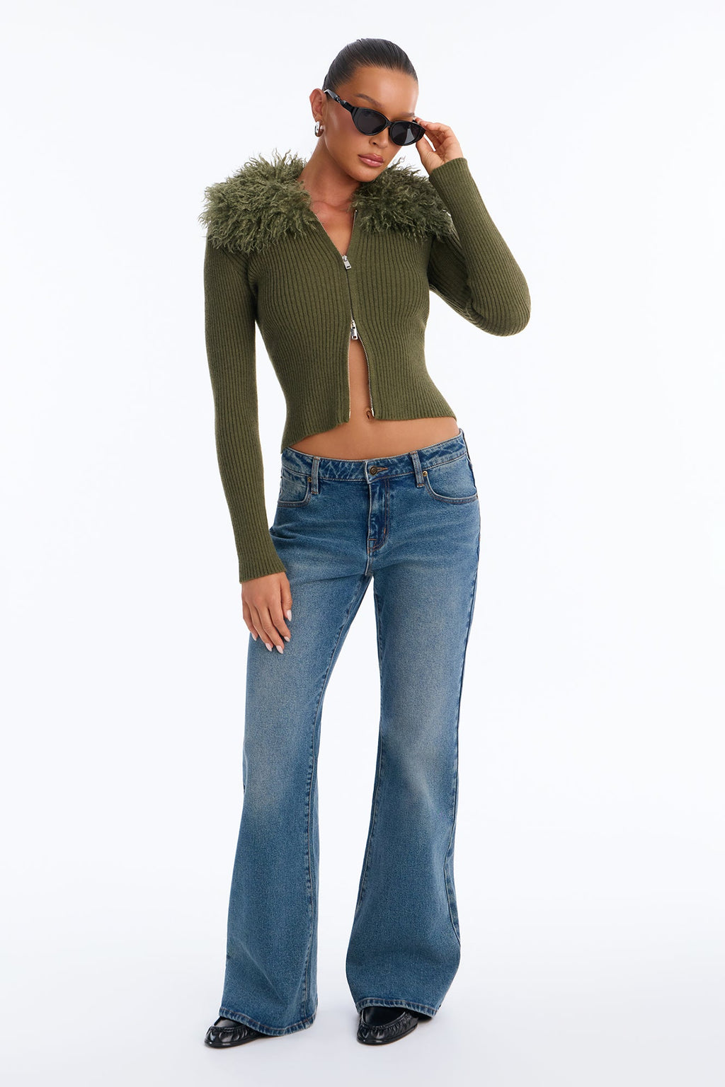 Juliana Faux Fur Zip Up Sweater - Olive