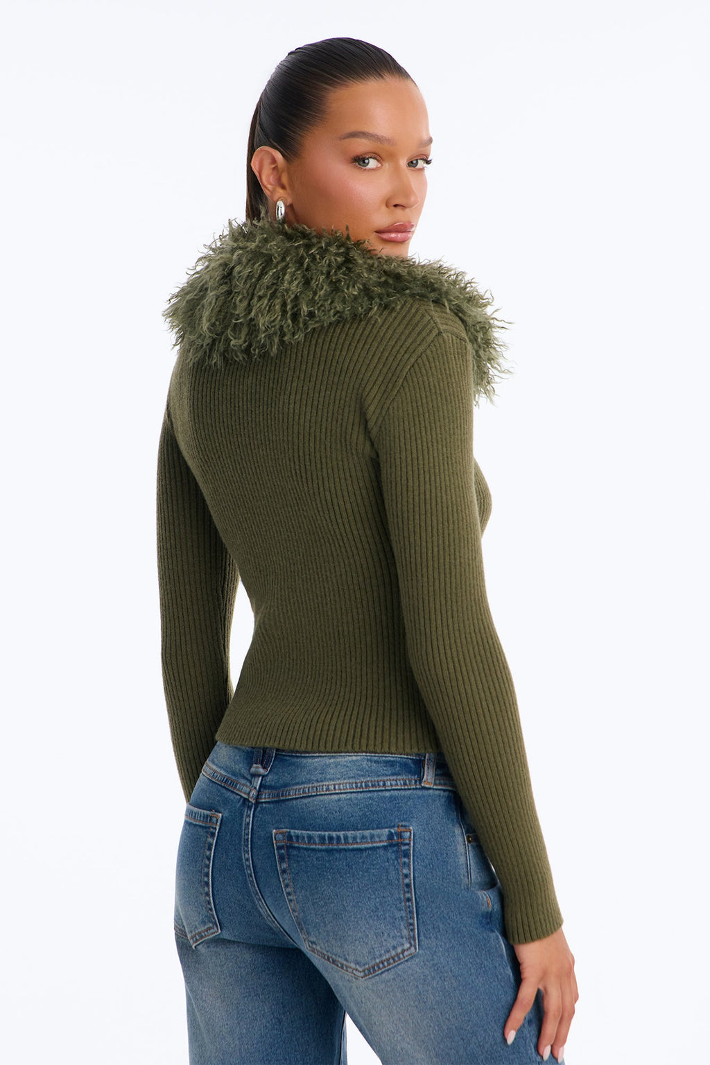 Juliana Faux Fur Zip Up Sweater - Olive