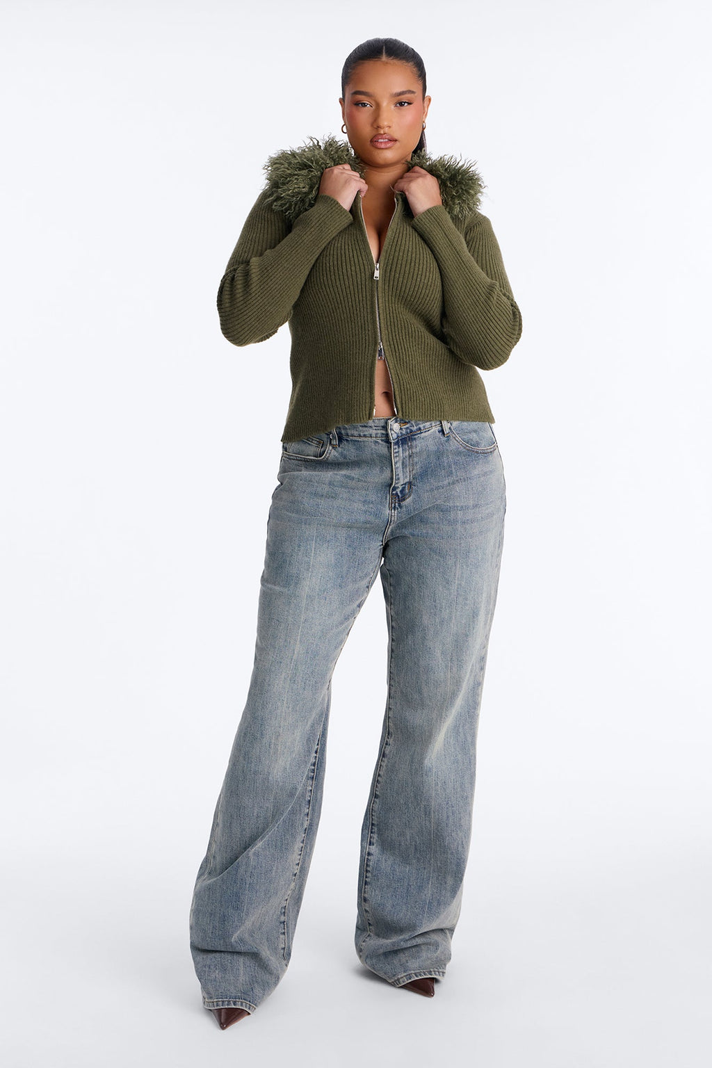 Juliana Faux Fur Zip Up Sweater - Olive