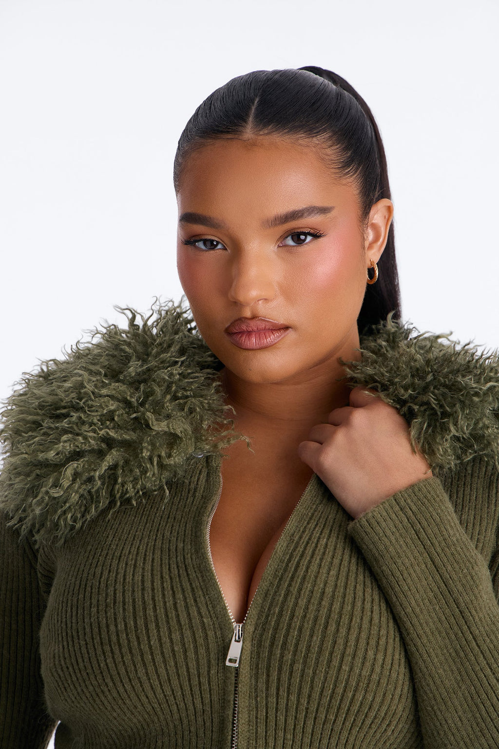 Juliana Faux Fur Zip Up Sweater - Olive