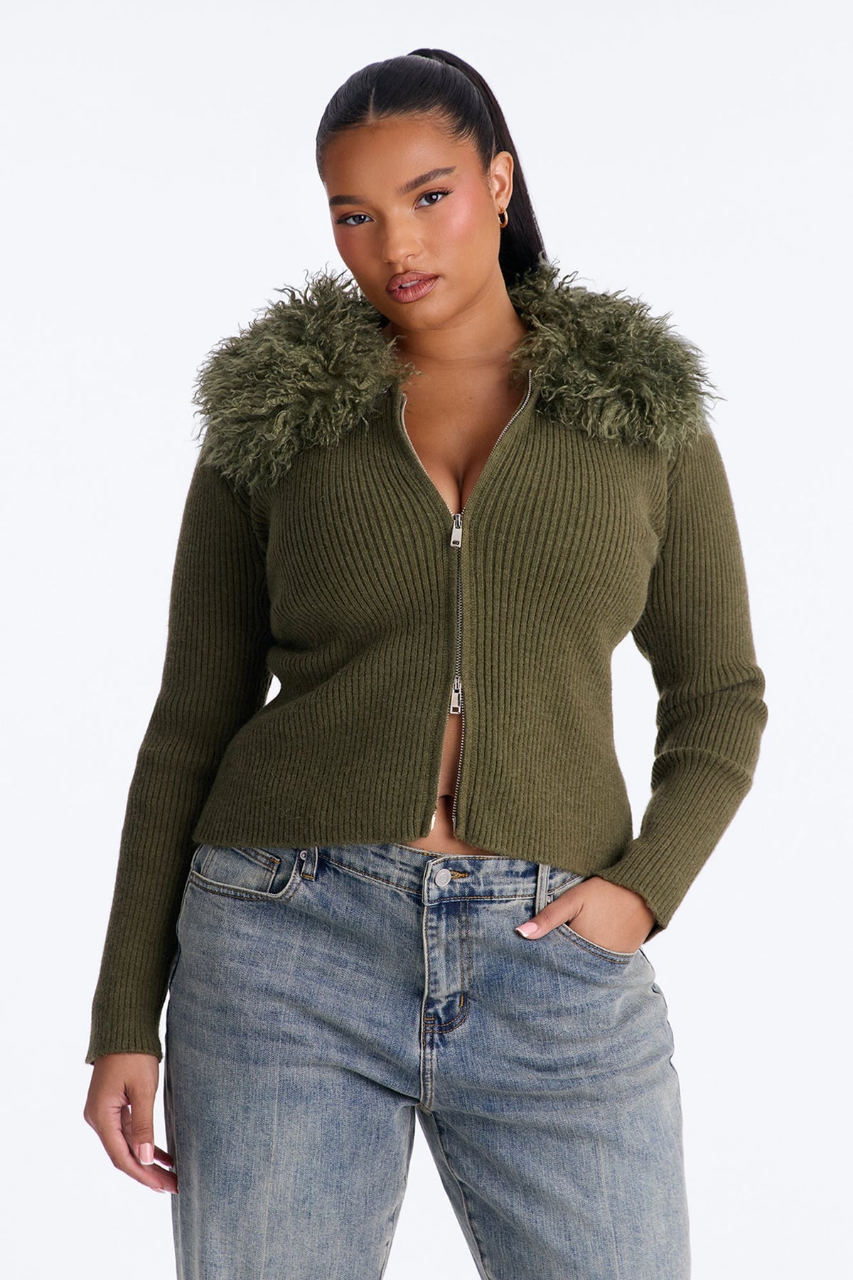 Juliana Faux Fur Zip Up Sweater - Olive