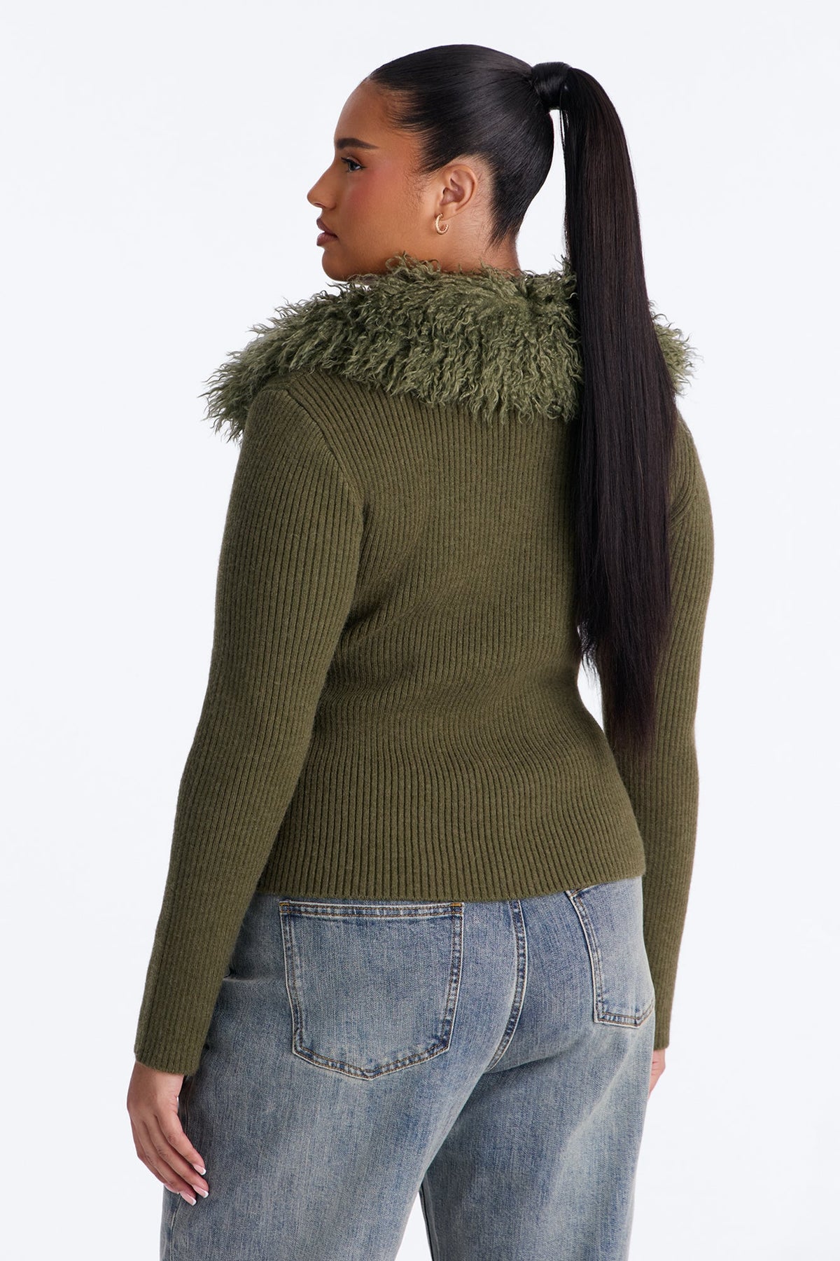 Juliana Faux Fur Zip Up Sweater - Olive
