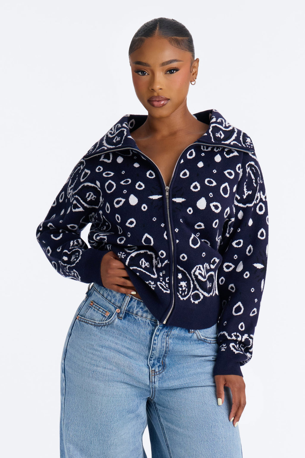 Indi Paisley Zip Up Cardigan - Navy/combo