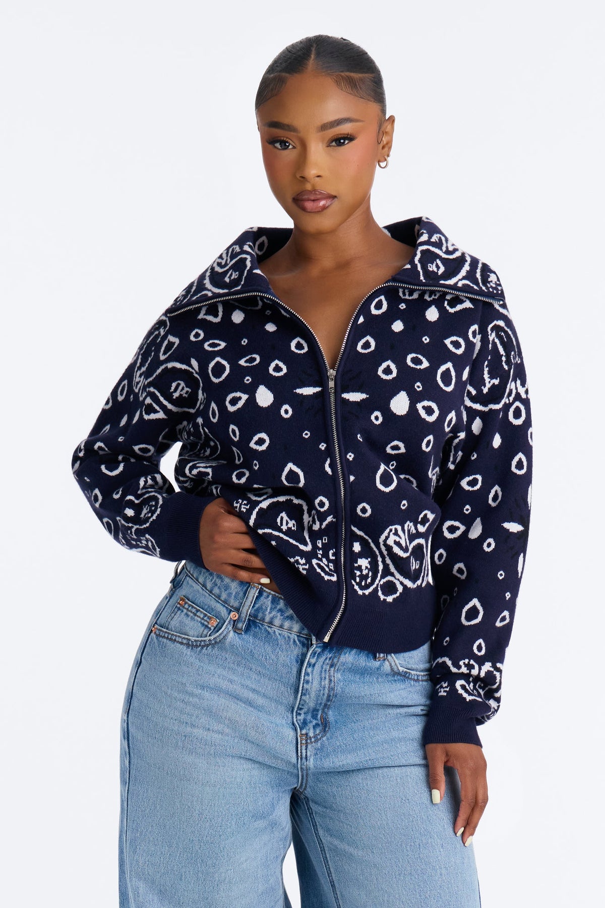 Indi Paisley Zip Up Cardigan - Navy/combo