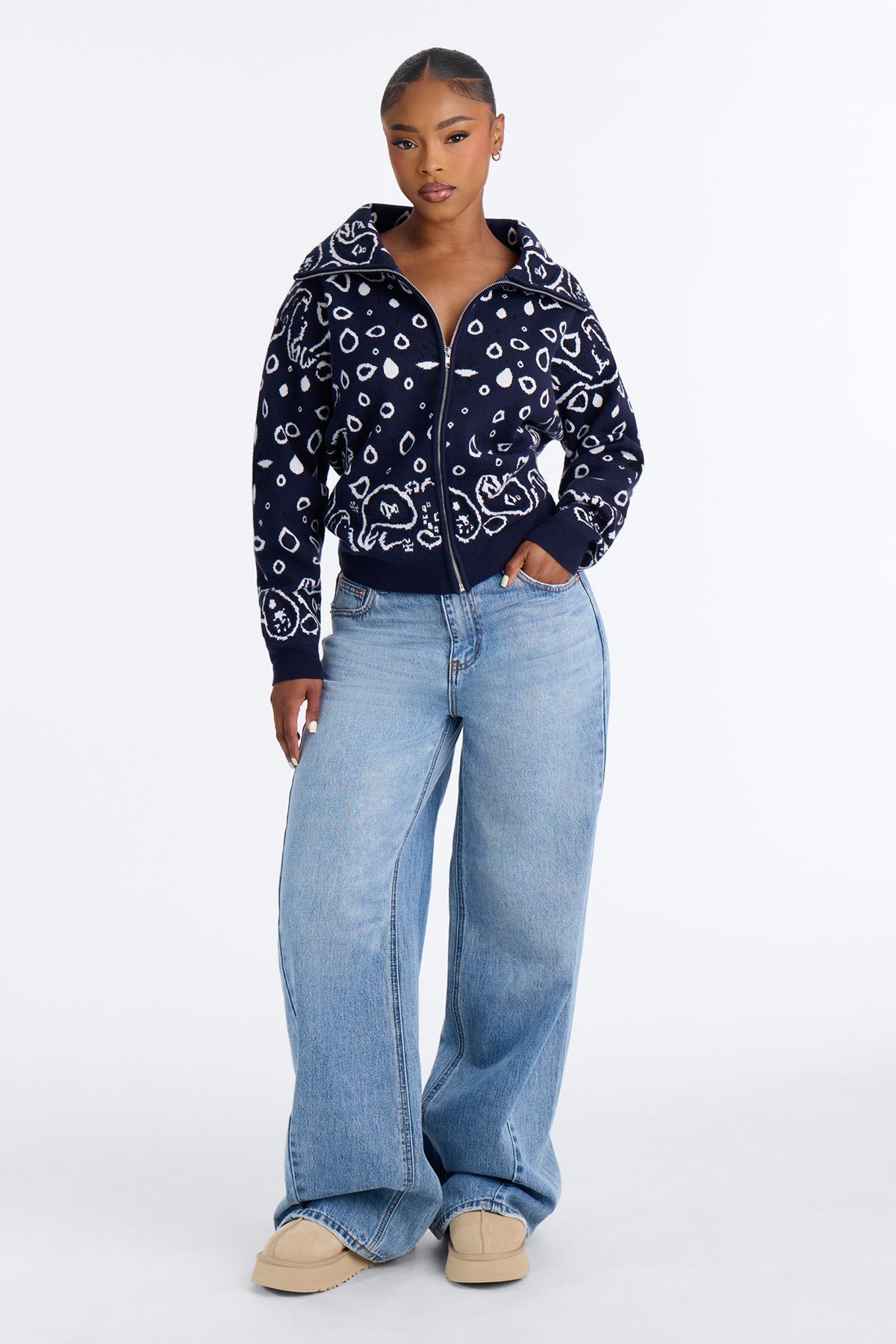 Indi Paisley Zip Up Cardigan - Navy/combo