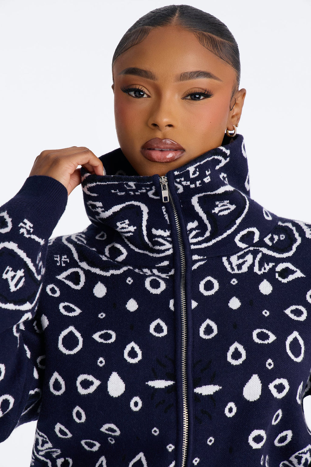 Indi Paisley Zip Up Cardigan - Navy/combo