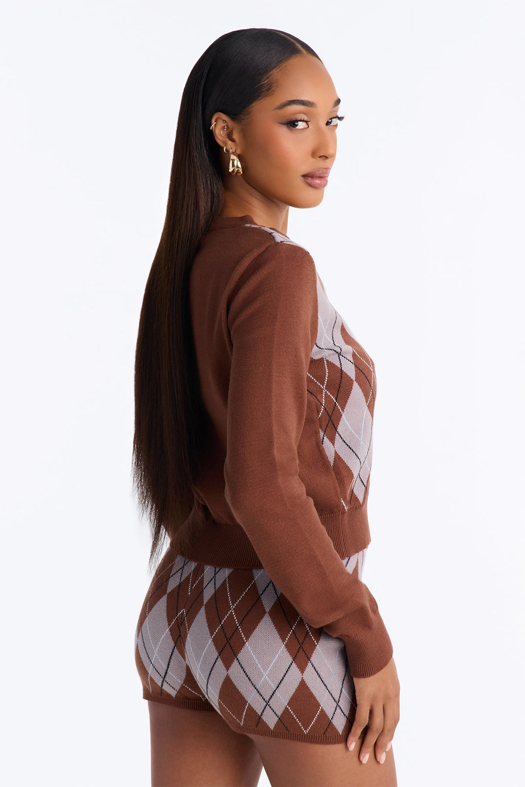 Anna Argyle Sweater Short Set - Brown