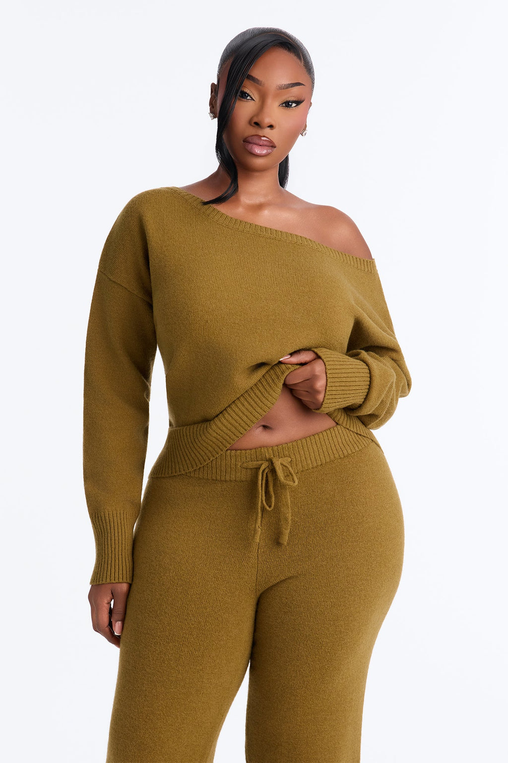 Levine Off Shoulder Sweater Pant Set - Olive